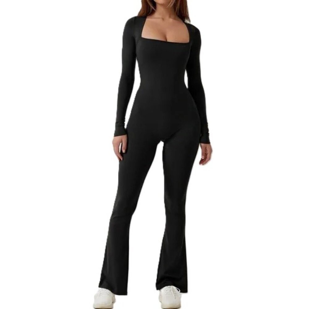 Qinsen Whimsigoth Flare Leg Jumpsuit Long Sleeve Square Neck Black‎